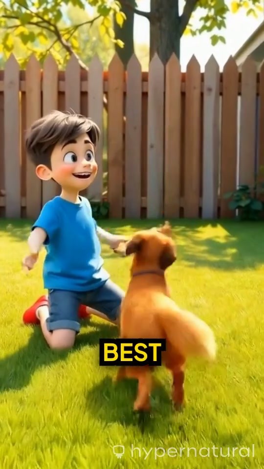 3D Cartoon Child and Dog in the Backyard