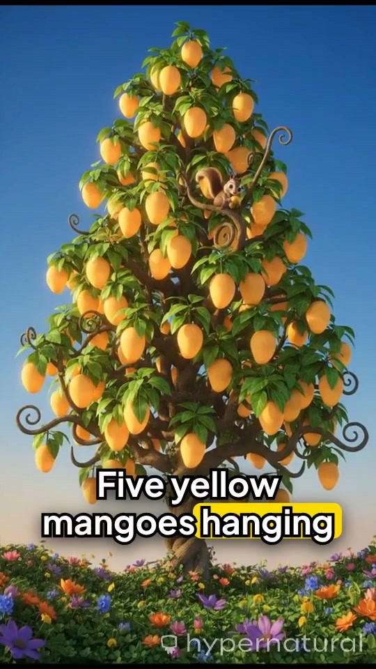 Five Yellow Mangoes on the Tree
