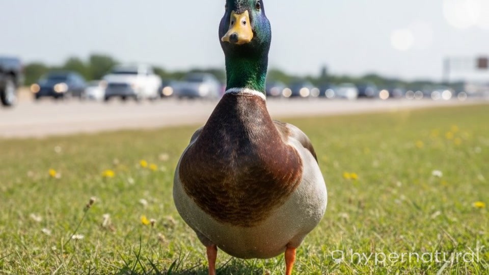 A Mother Duck and Her Ducklings Cross a Busy Interstate