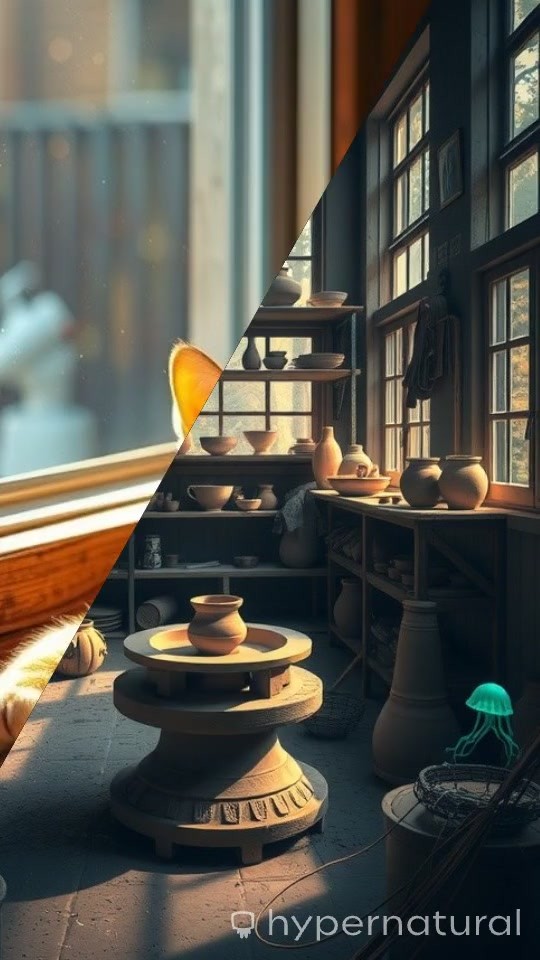Milo's Quiet Morning in the Pottery Workshop