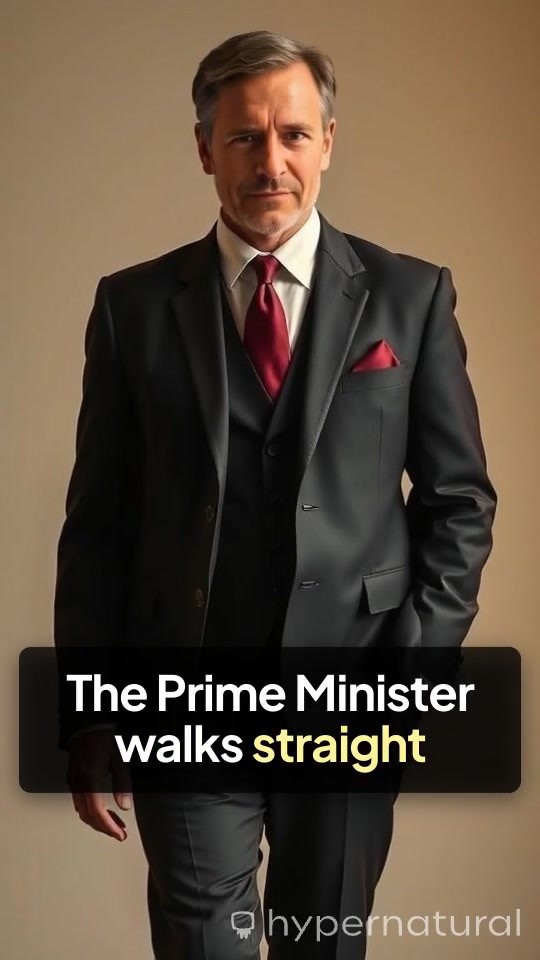 Prime Minister Walks Confidently Towards the Camera in Grand Hallway
