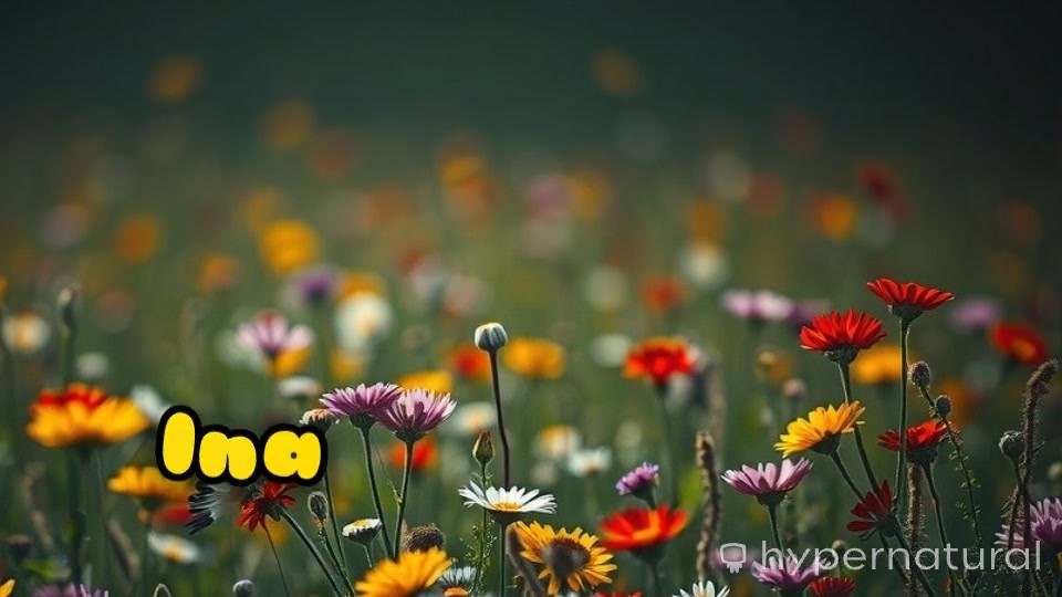 Fluffy Cat and Hummingbirds in a Flower Field