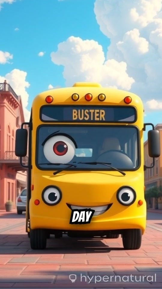 Happy 3D Cartoon Yellow Bus in a Pastel Town