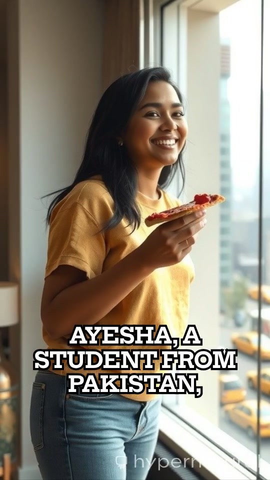 Pakistani Girl in America Enjoying Pizza with Cat