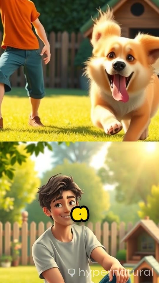 Playful Moments: 3D Cartoon Child and Dog in the Backyard