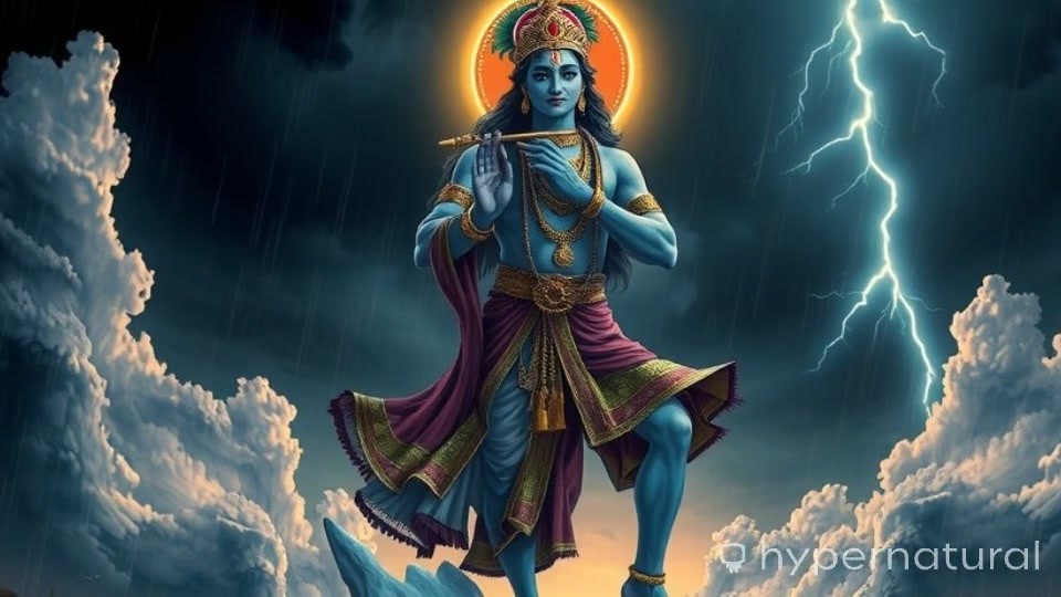 Divine Encounter: Lord Krishna and Deities Amidst Stormy Skies