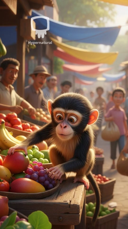 Monkey Steals Bananas at Market