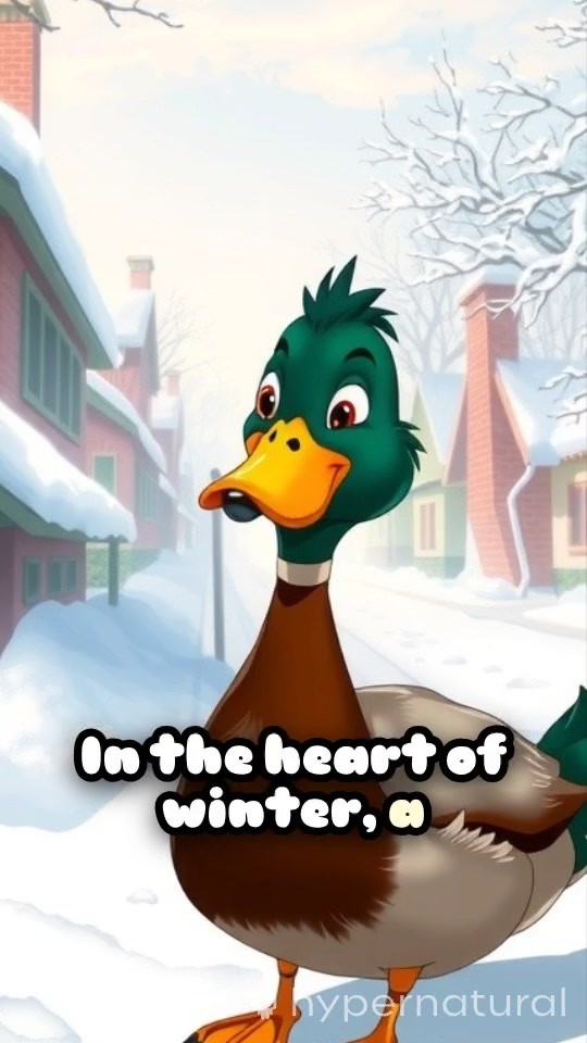A Golden Duck Strolling in the Snow with a Hat