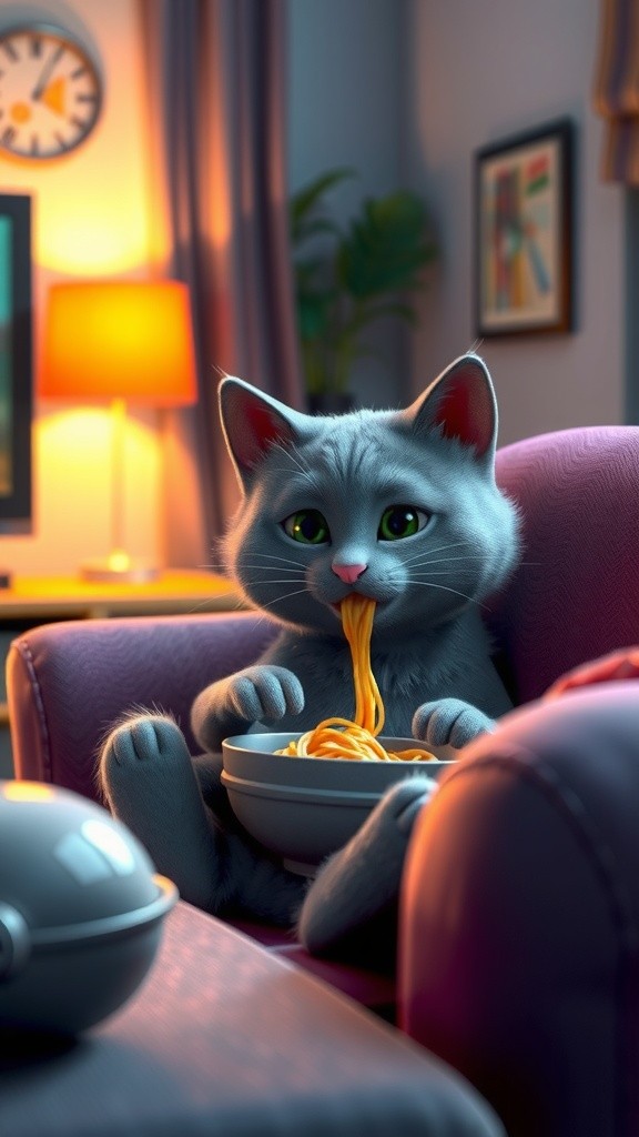 Cat Enjoys Noodles While Watching KBC