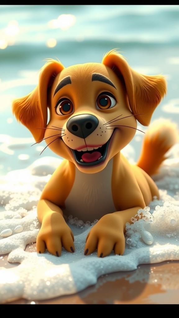 Happy Dog Dancing and Swimming on the Beach
