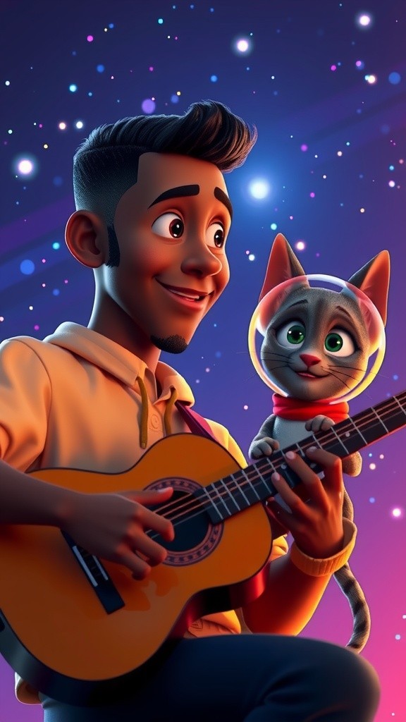 Un enfant et son chat jouent de la guitare dans l'espace