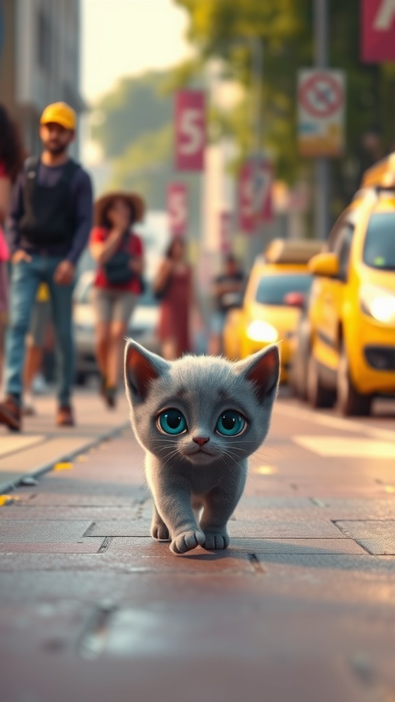 Kucing Abu-Abu Berjalan di Pinggir Jalan Kota