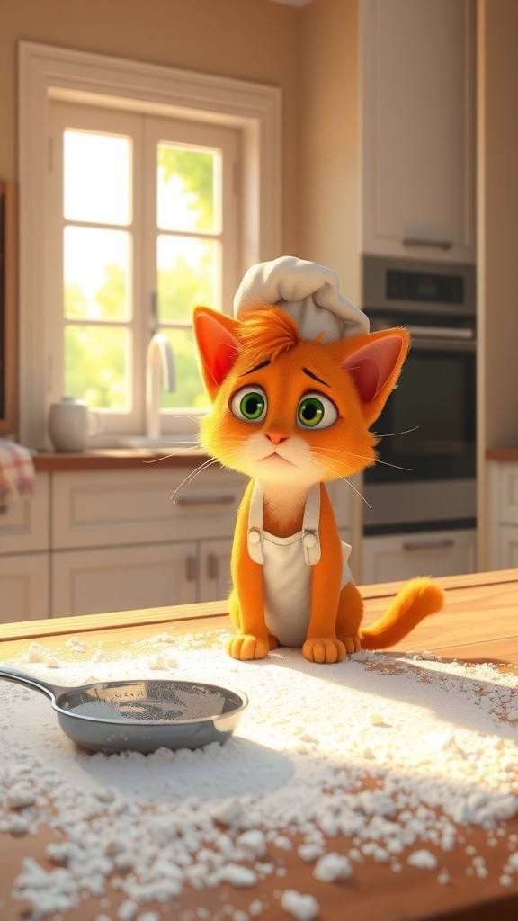 Un chat pâtissier en cuisine