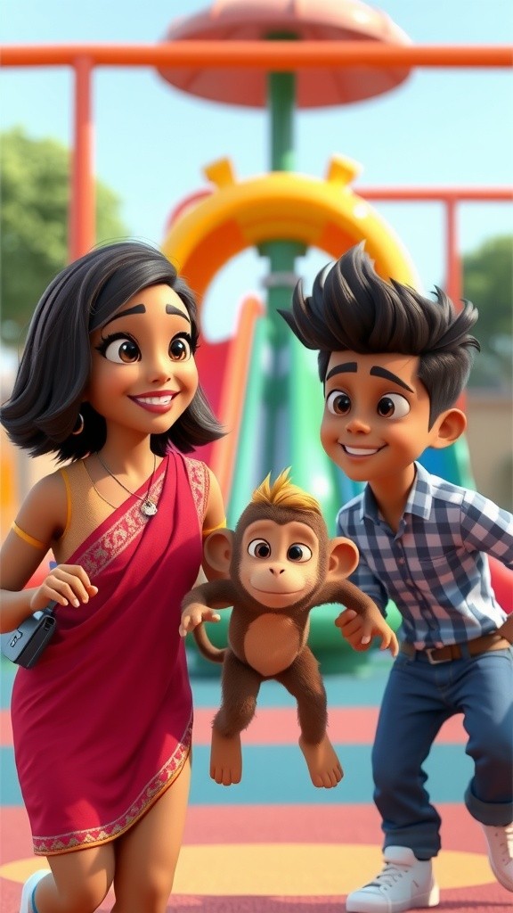Playground Adventures with Cartoon Friends in Indian Dress