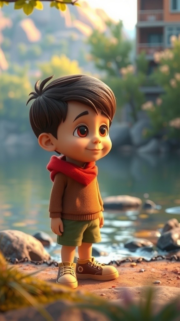 खुशियों भरी सुबह: नदी के किनारे खेलता बच्चा