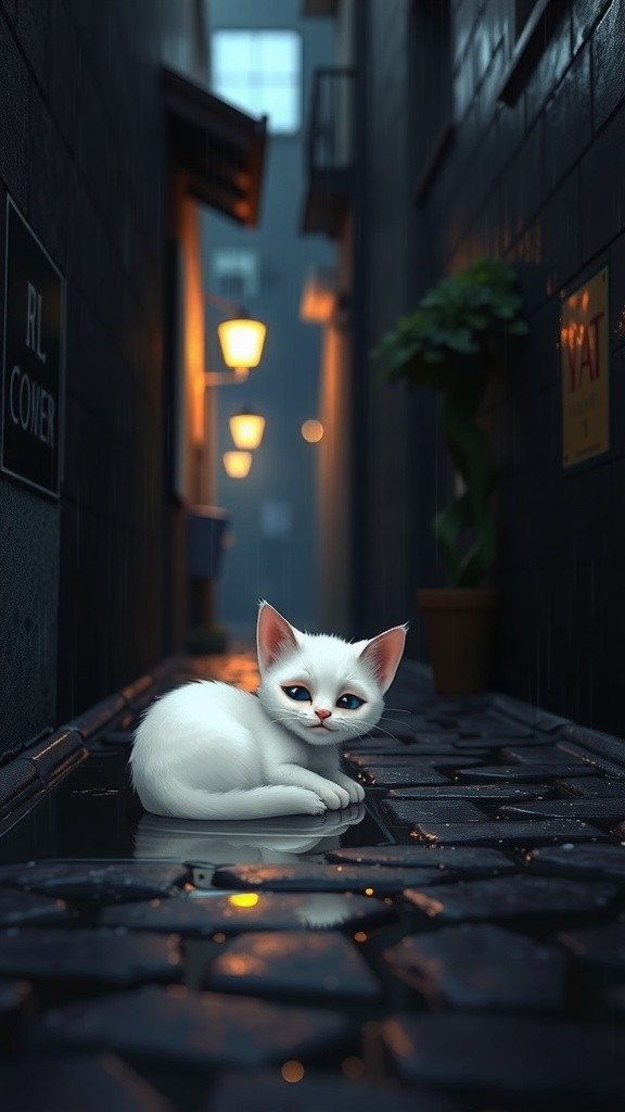 Kucing Putih di Bawah Hujan