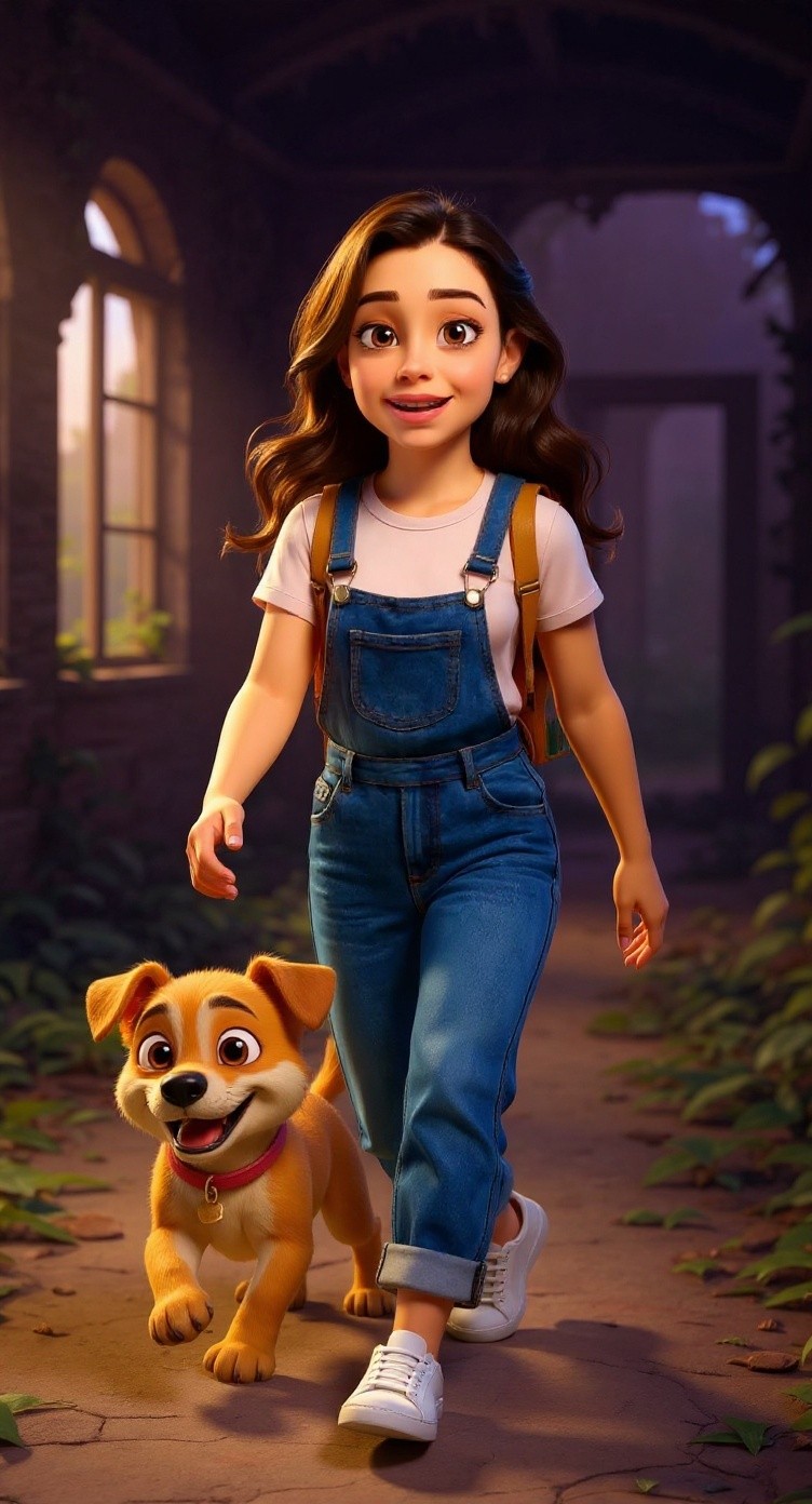 Adventure in the Abandoned House: Girl and Dog Explore Together