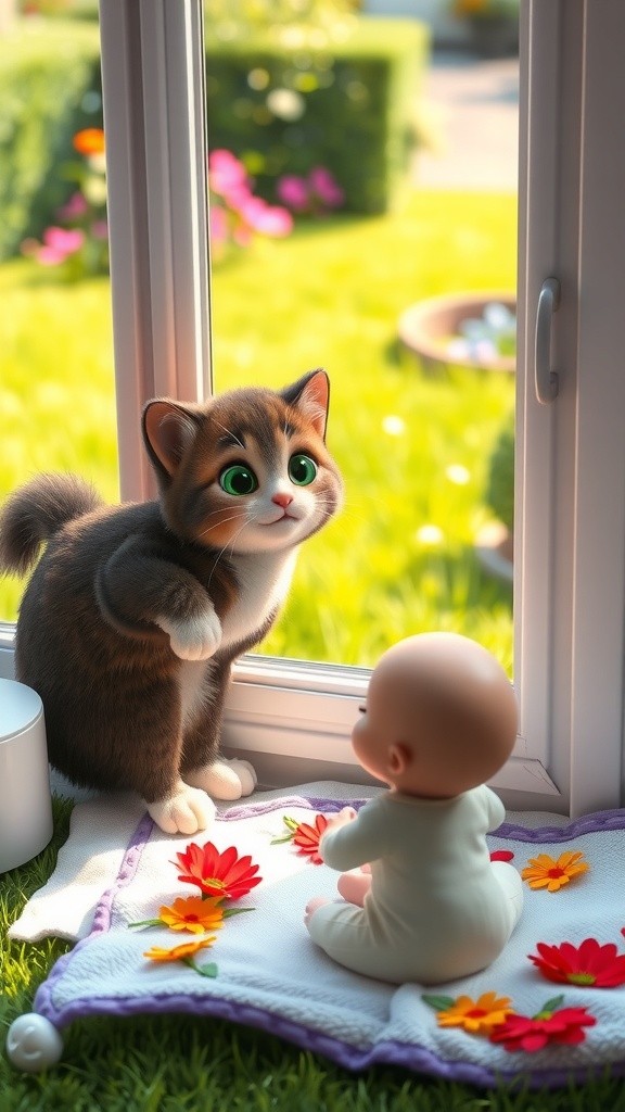 Cat Playing with Baby on Ground