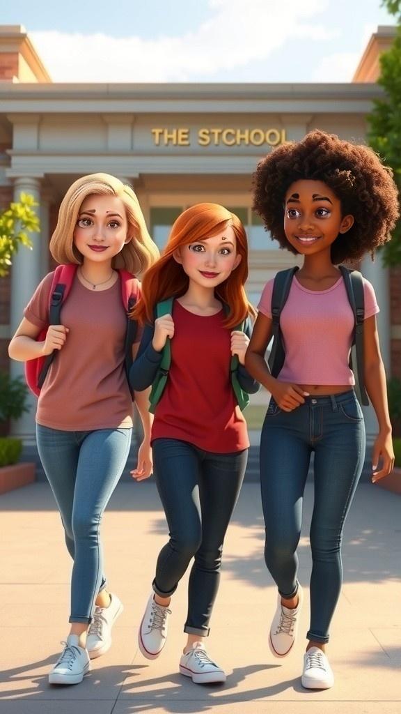 A Beautiful Girl and Her Friends Going to School