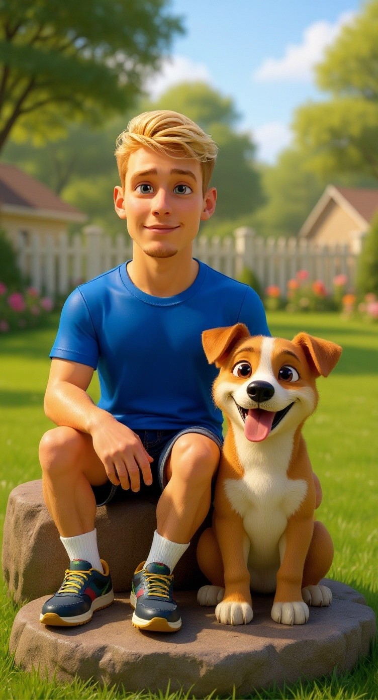 3D Cartoon Child and Dog Playing in Backyard
