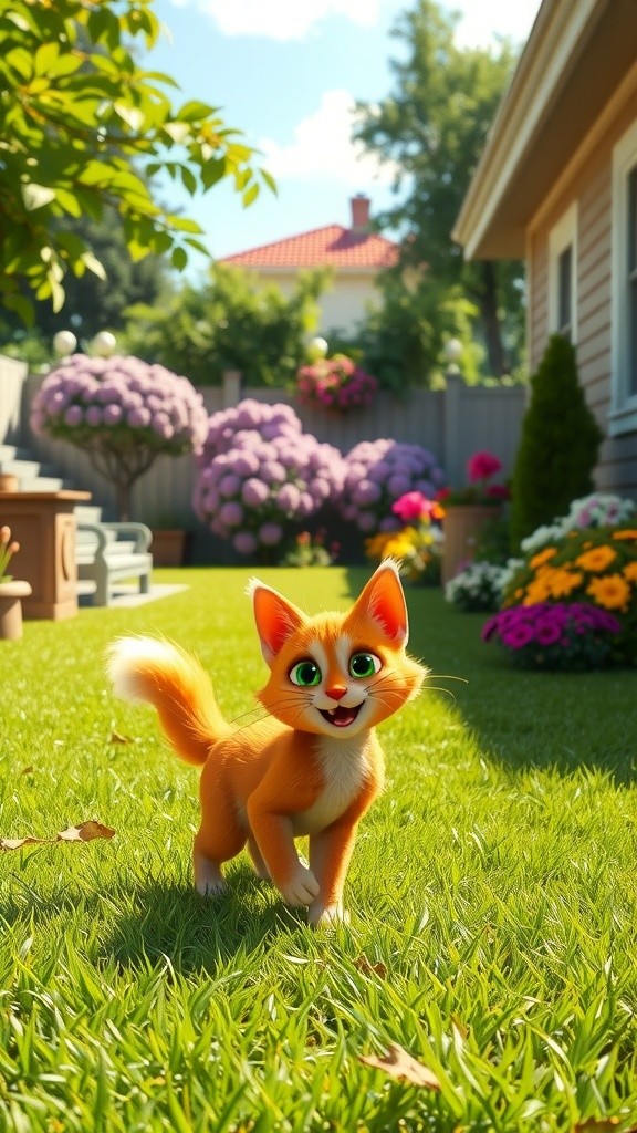 3D Cartoon Girl and Cat Playtime in the Backyard