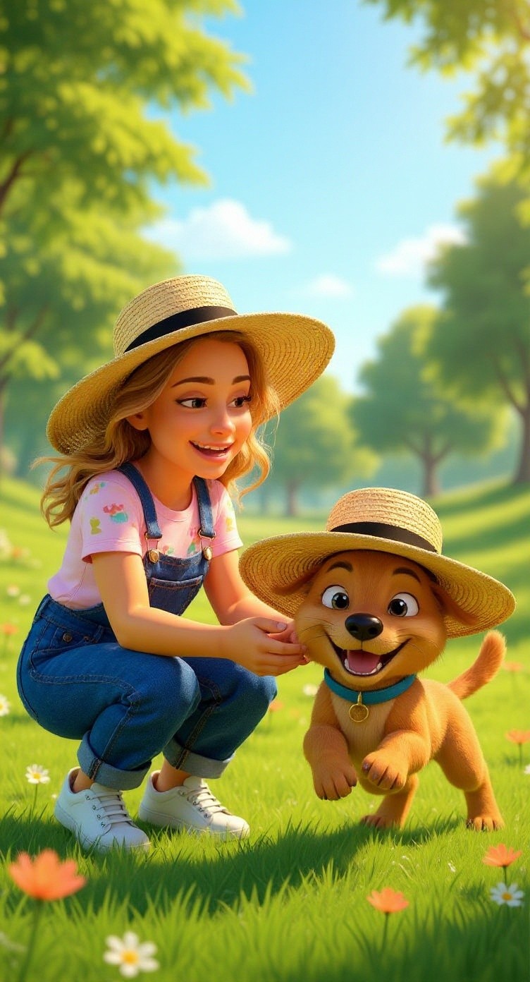 3D Cartoon Fun: Child and Dog in the Backyard