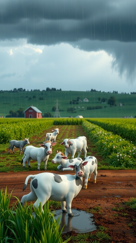 A Farmer, His Son, and Their Beautiful Dog in the Fields on a Rainy Day