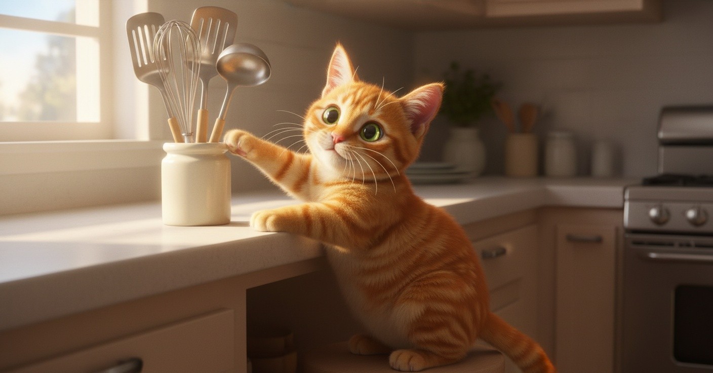 Kucing Oren Memasak Sup di Dapur