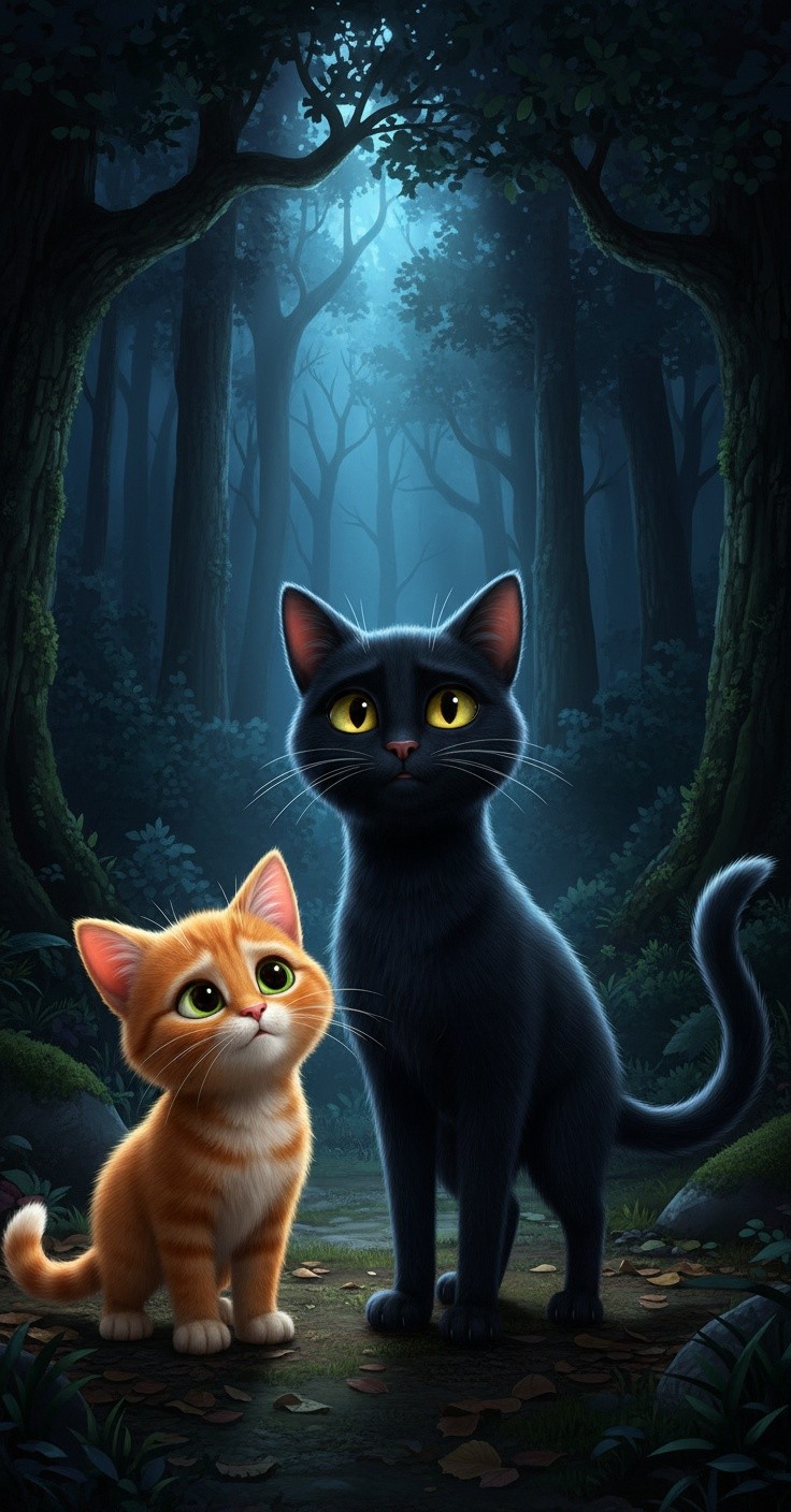 A Cat's Journey in the Dark Forest with a Kitten