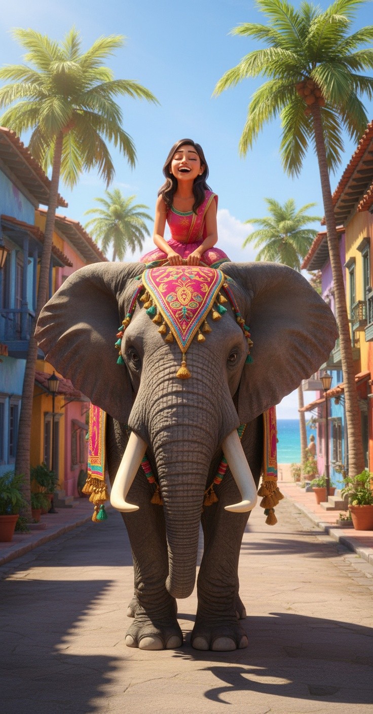 Joyful Journey: Child on an Elephant Towards the Sea