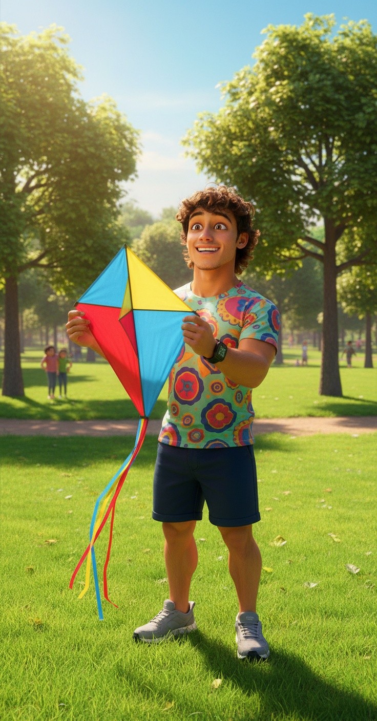 Joyful 3D Cartoon Boy Flying a Kite in a Sunny Park