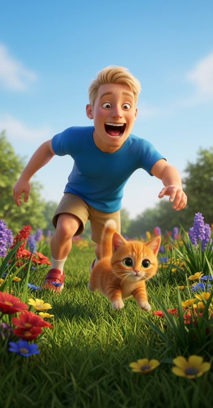 Cartoon Child and Cat Playing in the Backyard