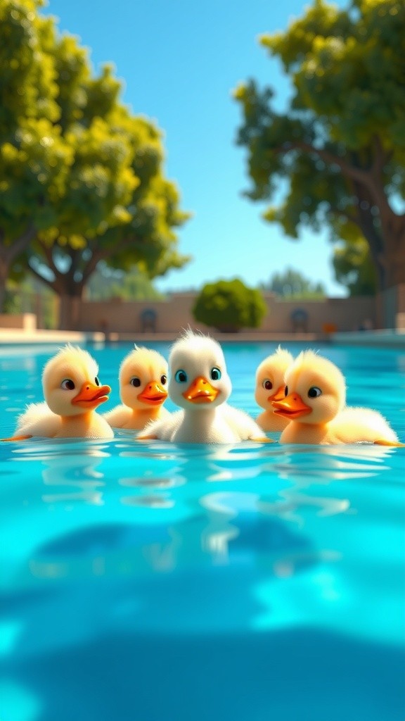 Playful Ducklings in Sunlit Pool