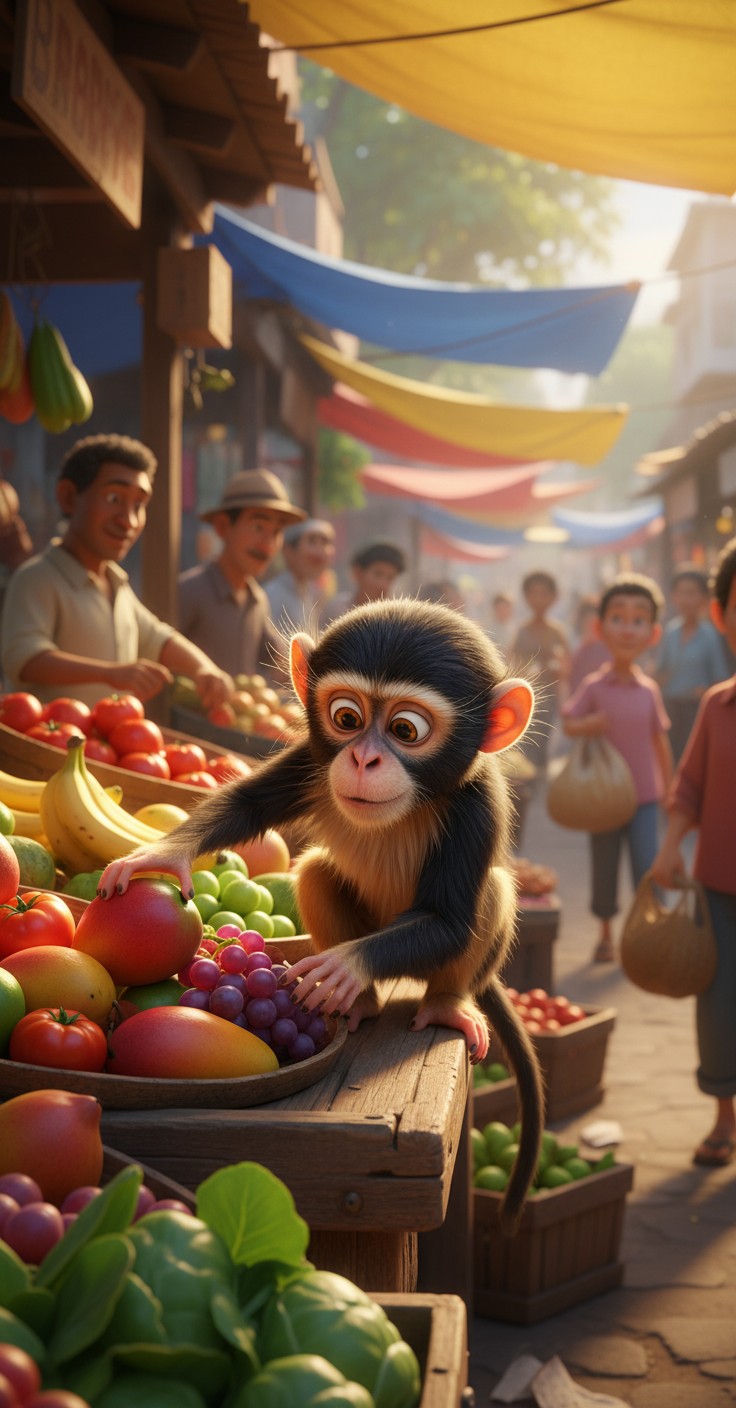 Monkey Steals Bananas at Market