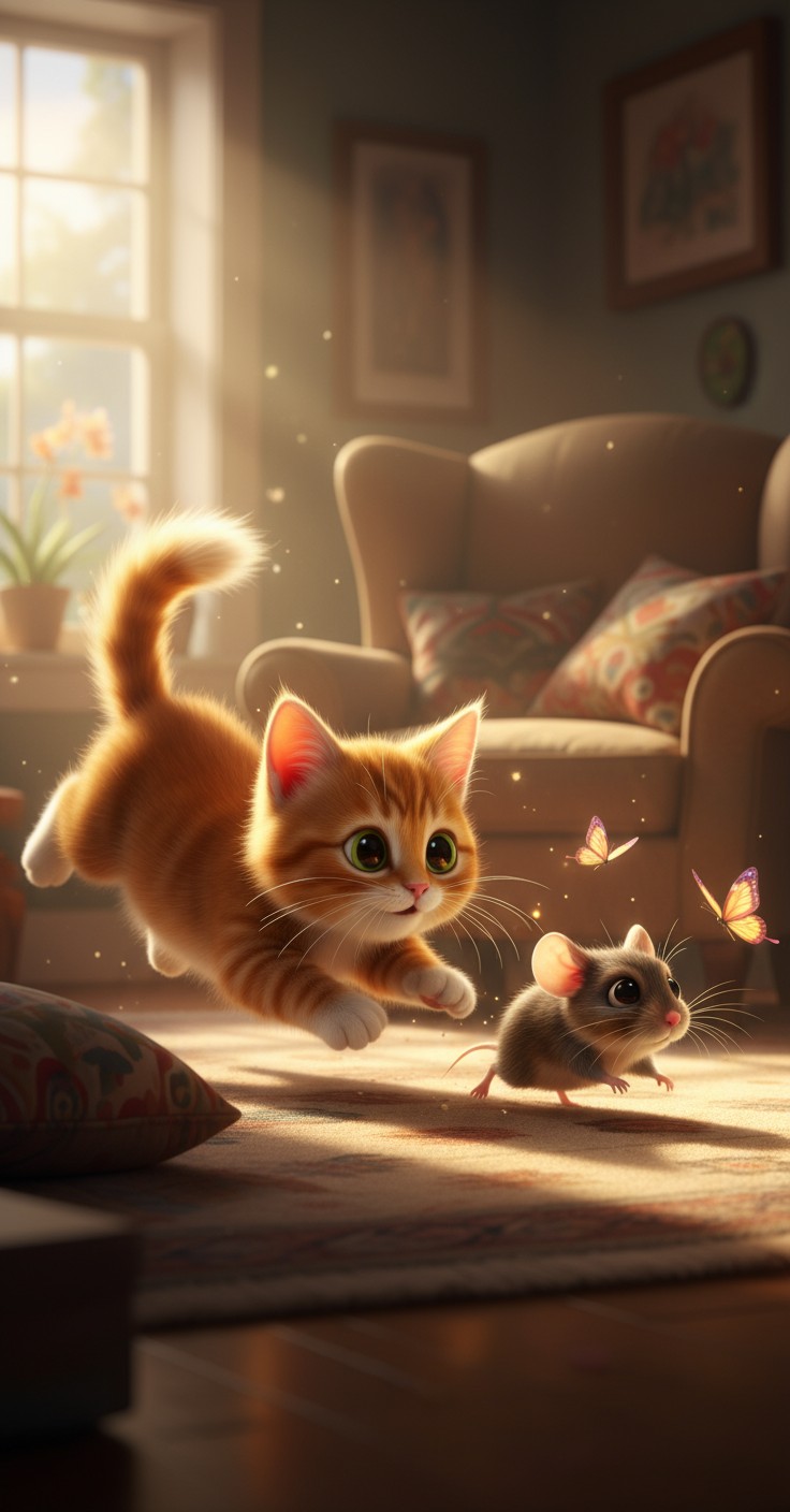 Anak Kucing Mengejar Tikus Putih