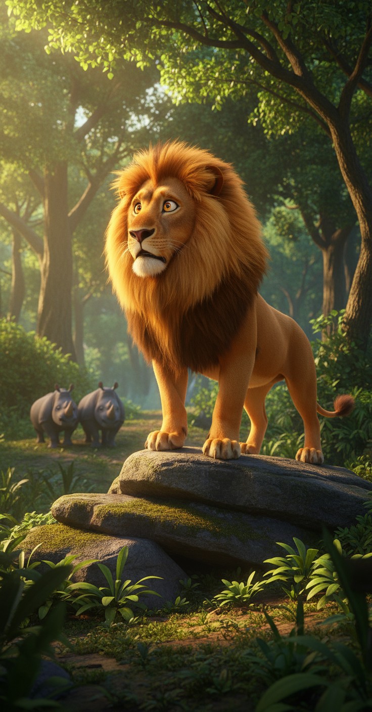 Brave Big Lion Saves Small Lion from Rhinos