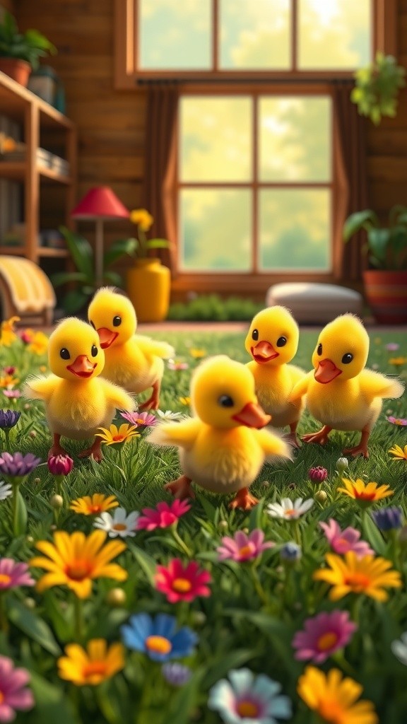 खुशियों भरे खिलौने के साथ बतख के बच्चे