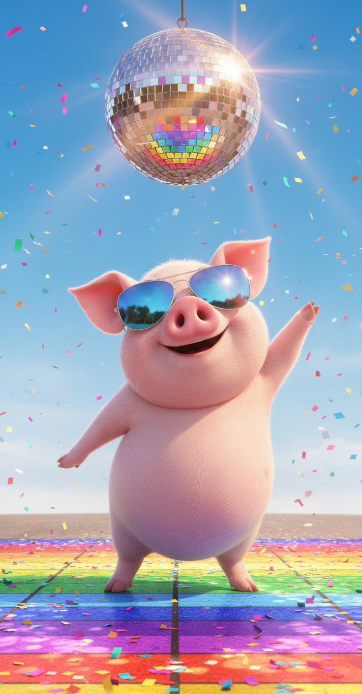 Dancing Pig Vibes: Rainbow Confetti Fun!