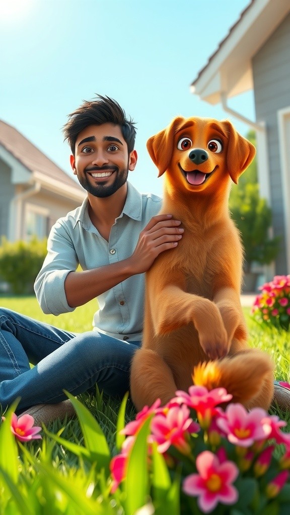 3D Cartoon Child with Dog in Backyard