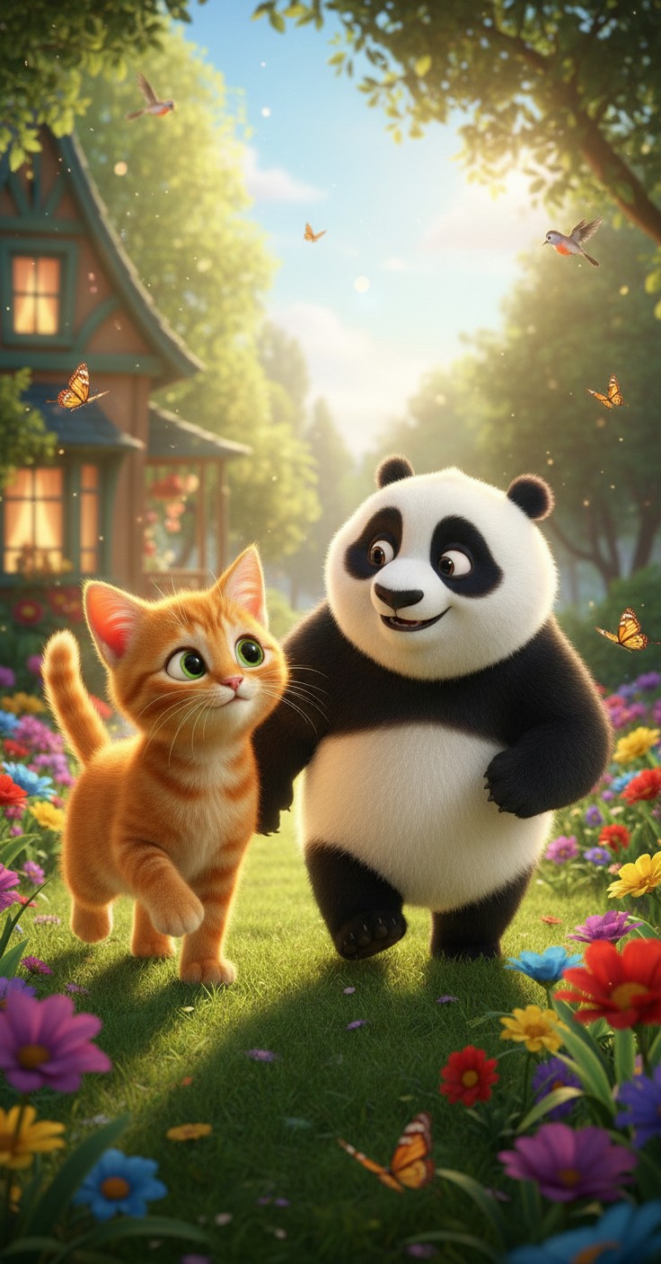 Petualangan Kucing dan Panda di Pagi Ceria