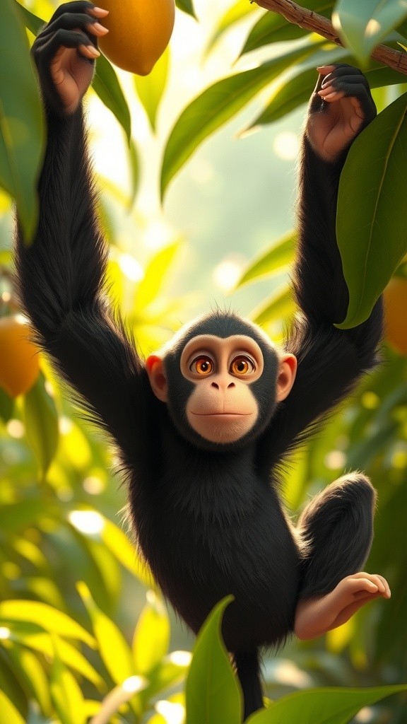 Monkey Enjoying Banana in Mango Tree