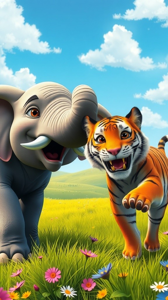 Playful Adventures: Baby Elephant and Tiger Cub in the Meadow