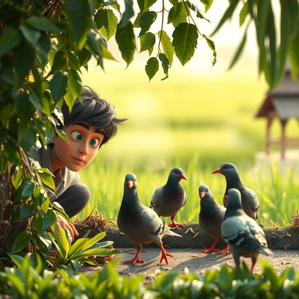 Pigeons Cultivating Rice: A Share for Me!