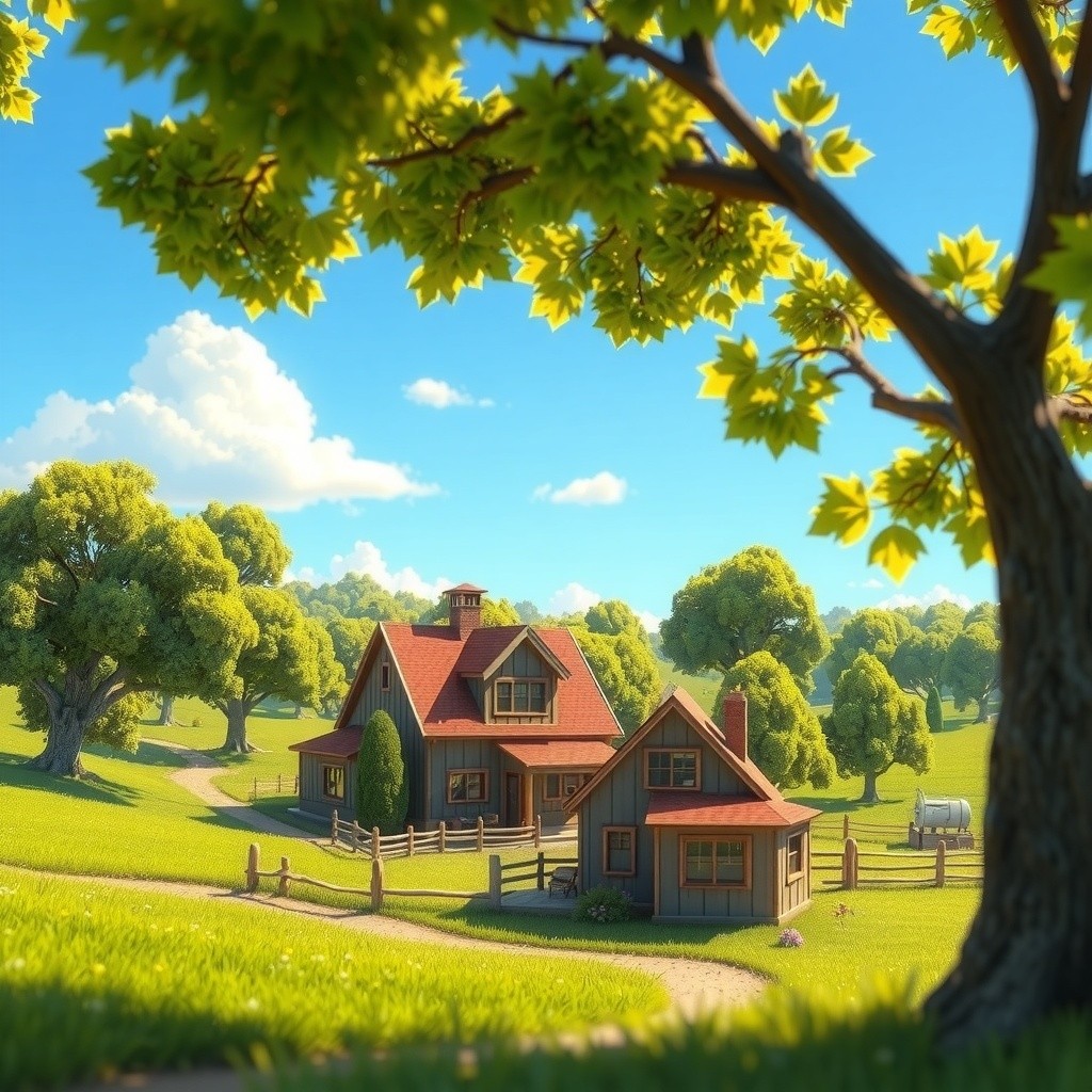 3D Cartoon Child and Cat Playtime in Farmhouse
