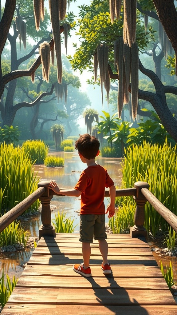 Child with Blue Eyes Playing with Crocodile