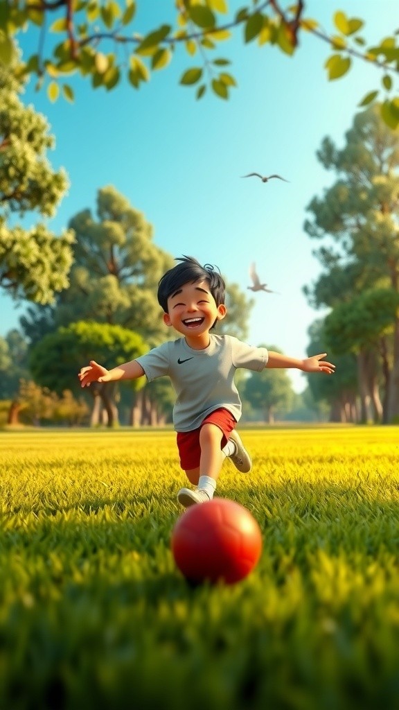 A Playful Game: A Boy and His Duck on the Green Field