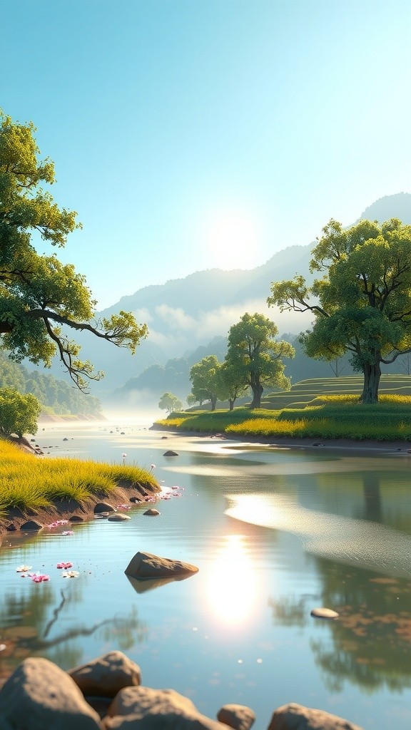 Bebek dan Anak Bermain di Sungai