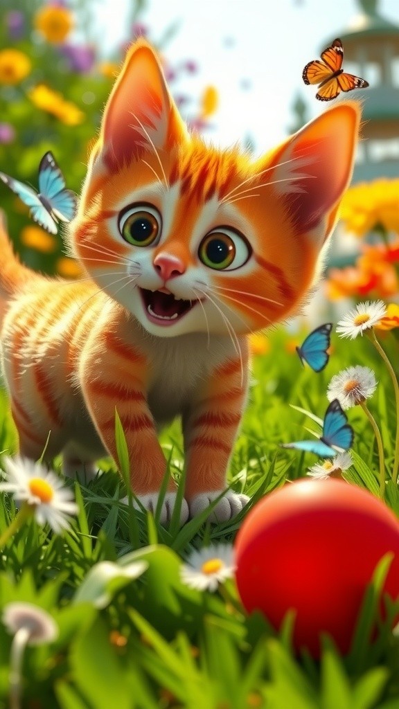 Cute Cat Running in Garden with Kids by the Road