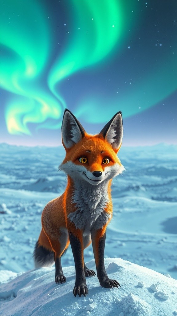 Rubah Arktik di Bawah Aurora Borealis