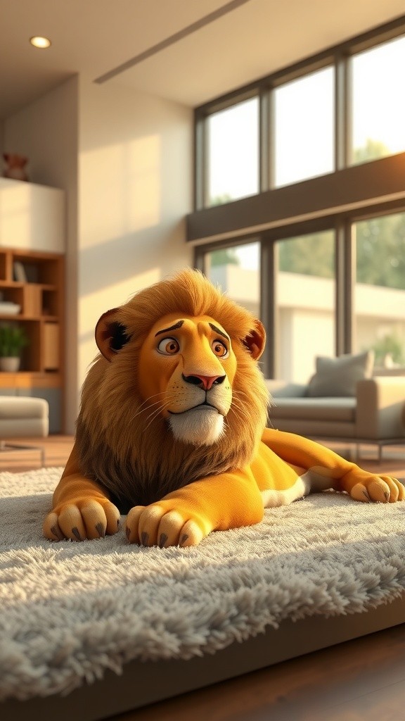 Ultra-Realistic Oversized Lion and Zebra in Cozy Indoor Settings